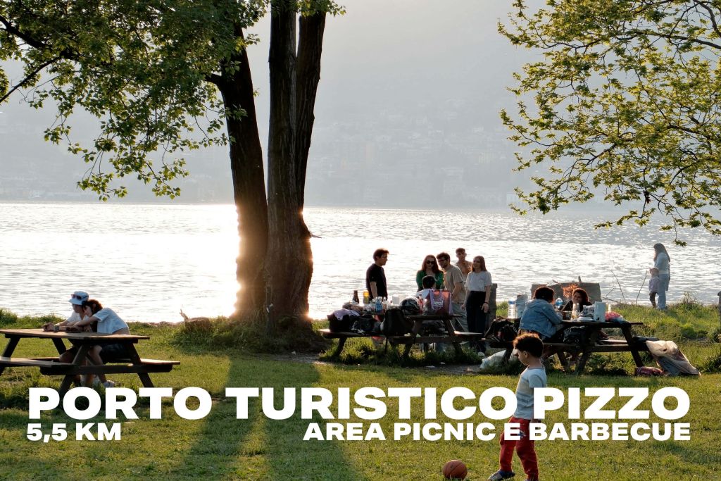 Persone che fanno picnic e barbecue vicino a un lago con alberi verdi al tramonto